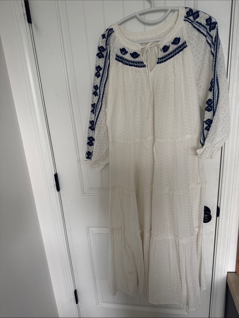 Boho Embroidered White Maxi Dress with Blue Accents